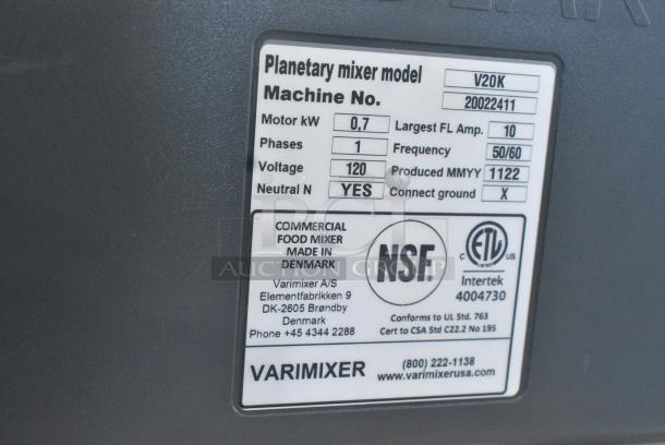 BRAND NEW SCRATCH AND DENT! 2022 Varimixer V20K Metal Commercial Floor Style 20 Quart Planetary Dough Mixer w/ Stainless Steel Mixing Bowl, Bowl Dolly and Whisk Attachment. 120 Volts, 1 Phase. Tested and Powers On But Parts Do Not Move - Image 9 of 9