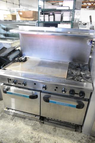 Radiance Stainless Steel Commercial Natural Gas Powered Flat Top Griddle w/ 2 Burners, 2 Ovens, Back Splash and Over Shelf.