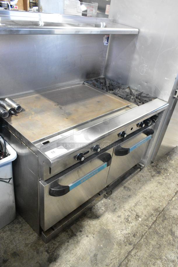 Radiance Stainless Steel Commercial Natural Gas Powered Flat Top Griddle w/ 2 Burners, 2 Ovens, Back Splash and Over Shelf. - Image 2 of 10