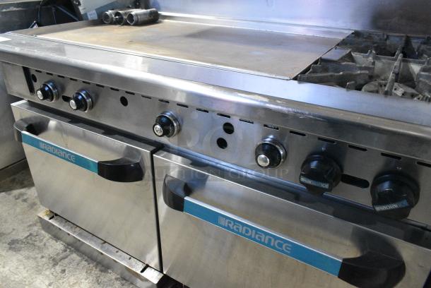 Radiance Stainless Steel Commercial Natural Gas Powered Flat Top Griddle w/ 2 Burners, 2 Ovens, Back Splash and Over Shelf. - Image 6 of 10