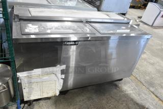 Leader ESBC60SC Stainless Steel Commercial Back Bar Bottle Cooler w/ 2 Sliding Lids on Commercial Casters. 115 Volts, 1 Phase. Tested and Working!