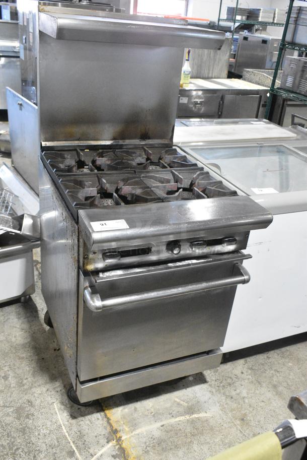Stainless Steel Commercial Gas Powered 4 Burner Range w/ Oven, Over Shelf and Back Splash on Commercial Casters. - Image 1 of 8