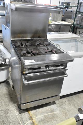 Stainless Steel Commercial Gas Powered 4 Burner Range w/ Oven, Over Shelf and Back Splash on Commercial Casters.
