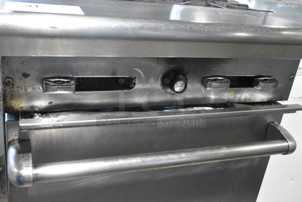 Stainless Steel Commercial Gas Powered 4 Burner Range w/ Oven, Over Shelf and Back Splash on Commercial Casters. - Image 3 of 8