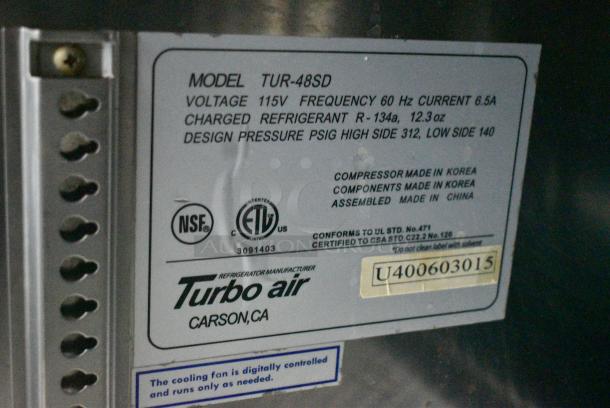 Turbo Air TUR-48SD Stainless Steel Commercial 2 Door Undercounter Cooler on Commercial Casters. 115 Volts, 1 Phase. Tested and Working! - Image 8 of 8