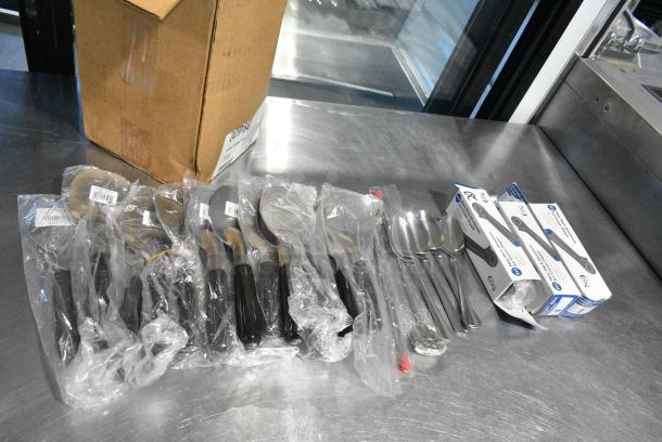 22 Various BRAND NEW! Utensils Including Thunder Group SLTHCS001B Ice Cream Spade, Choice #12 Non-Stick Blue Ice Cream Scoop / Dipper with Silicone Coating - 3 oz.. 22 Times Your Bid! - Image 1 of 11