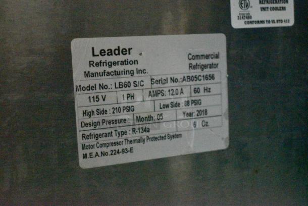 2018 Leader LB60 S/C LB60 S/C Stainless Steel Commercial 2 Door Undercounter Cooler. 115 Volts, 1 Phase. Tested and Powers On But Does Not Get Cold - Image 7 of 7