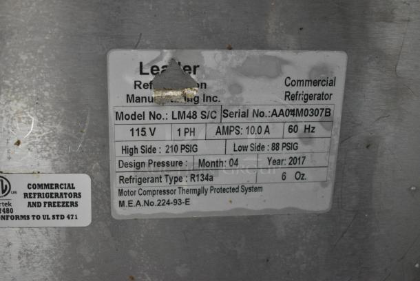 2017 Leader LM48 S/C Stainless Steel Commercial Sandwich Salad Prep Table Bain Marie Mega Top. 115 Volts, 1 Phase. Tested and Working! - Image 8 of 9