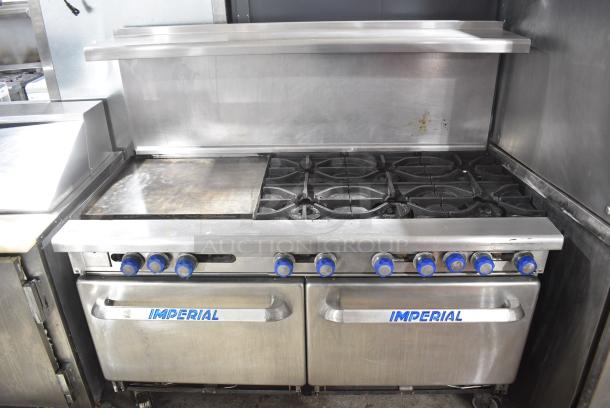Imperial IR-6-G24 Stainless Steel Commercial Natural Gas Powered 6 Burner Range w/ Flat Top Griddle, 2 Ovens, Over Shelf and Back Splash on Commercial Casters. - Image 1 of 12
