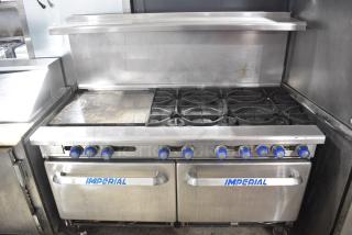 Imperial IR-6-G24 Stainless Steel Commercial Natural Gas Powered 6 Burner Range w/ Flat Top Griddle, 2 Ovens, Over Shelf and Back Splash on Commercial Casters.