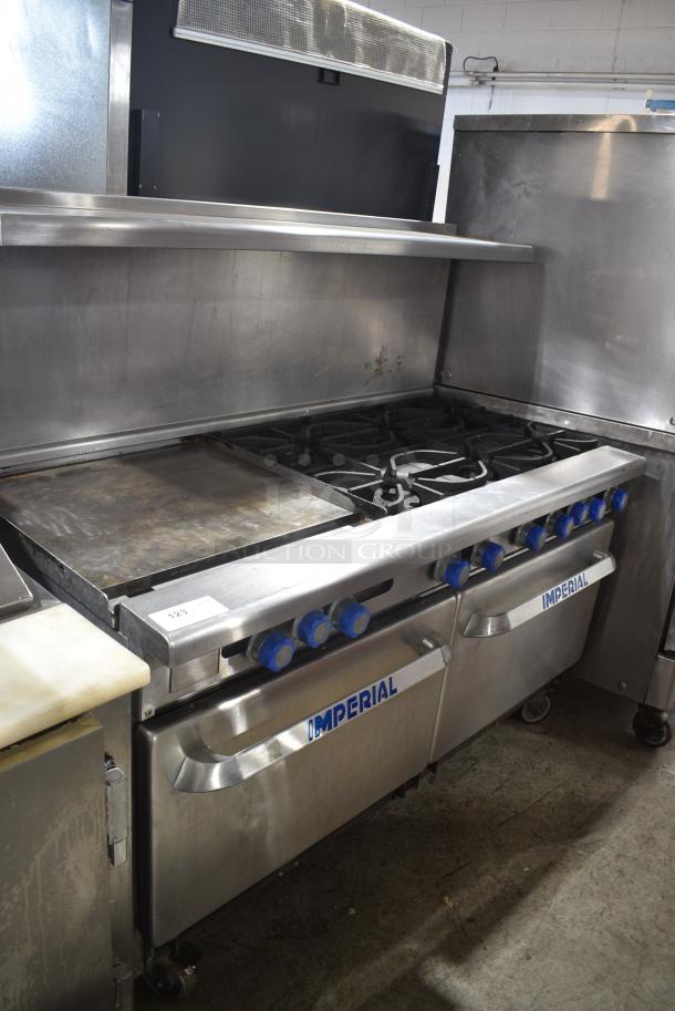 Imperial IR-6-G24 Stainless Steel Commercial Natural Gas Powered 6 Burner Range w/ Flat Top Griddle, 2 Ovens, Over Shelf and Back Splash on Commercial Casters. - Image 2 of 12