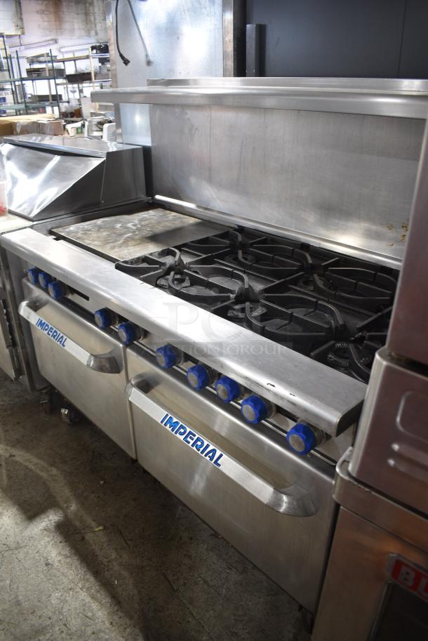 Imperial IR-6-G24 Stainless Steel Commercial Natural Gas Powered 6 Burner Range w/ Flat Top Griddle, 2 Ovens, Over Shelf and Back Splash on Commercial Casters. - Image 3 of 12