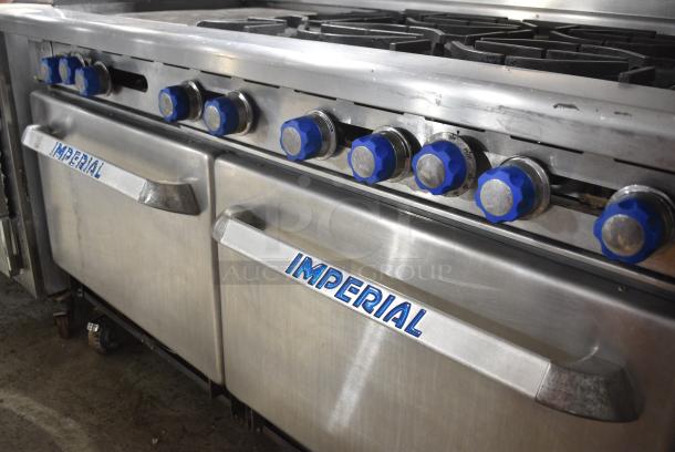 Imperial IR-6-G24 Stainless Steel Commercial Natural Gas Powered 6 Burner Range w/ Flat Top Griddle, 2 Ovens, Over Shelf and Back Splash on Commercial Casters. - Image 4 of 12