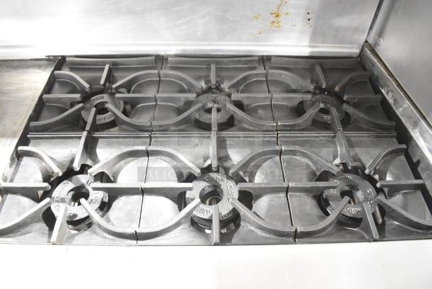 Imperial IR-6-G24 Stainless Steel Commercial Natural Gas Powered 6 Burner Range w/ Flat Top Griddle, 2 Ovens, Over Shelf and Back Splash on Commercial Casters. - Image 5 of 12
