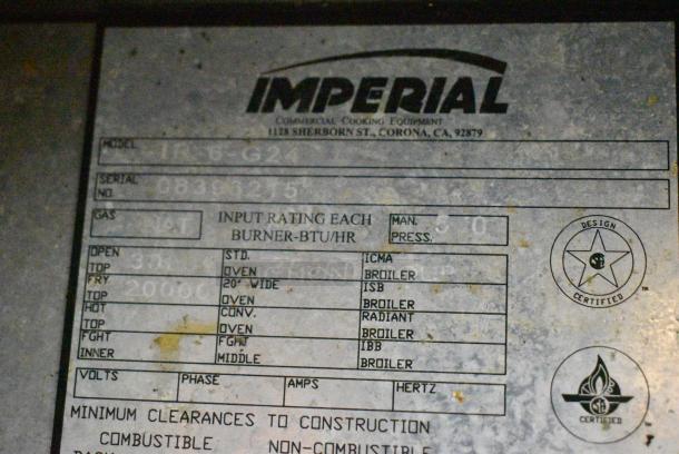 Imperial IR-6-G24 Stainless Steel Commercial Natural Gas Powered 6 Burner Range w/ Flat Top Griddle, 2 Ovens, Over Shelf and Back Splash on Commercial Casters. - Image 11 of 12