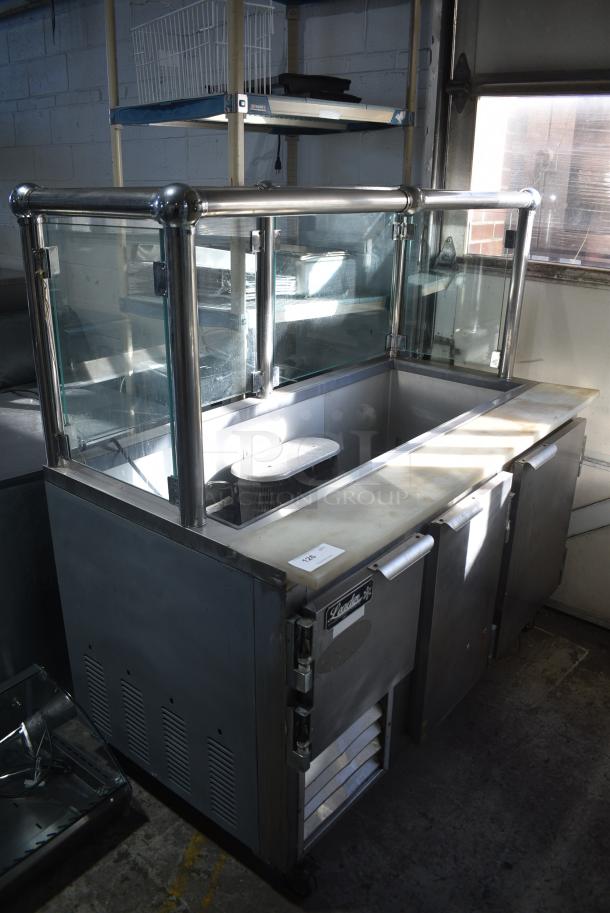 Leader LM60 S/C Stainless Steel Commercial Prep Table w/ Sneeze Guard on Commercial Casters. 115 Volts, 1 Phase. Tested and Powers On But Does Not Get Cold - Image 1 of 9