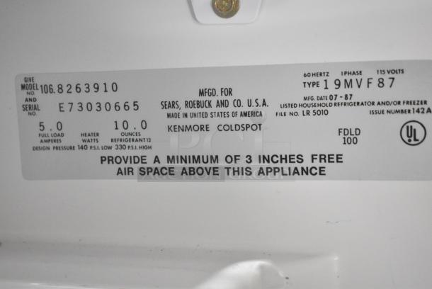 Kenmore 106.8263910 Metal Single Door Reach In Freezer. 115 Volts, 1 Phase. Tested and Working! - Image 6 of 7