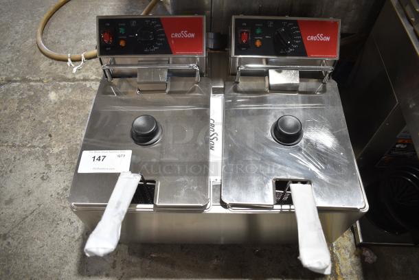 BRAND NEW SCRATCH AND DENT! 2024 Crosson CF-30 Stainless Steel Commercial Countertop Electric Powered 2 Bay Fryer w/ 2 Lids and 2 Metal Baskets. 120 Volts, 1 Phase. - Image 1 of 11