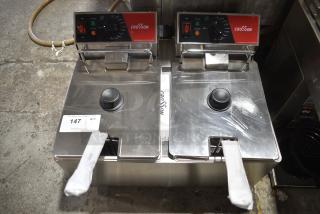 BRAND NEW SCRATCH AND DENT! 2024 Crosson CF-30 Stainless Steel Commercial Countertop Electric Powered 2 Bay Fryer w/ 2 Lids and 2 Metal Baskets. 120 Volts, 1 Phase.