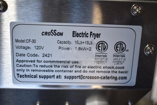 BRAND NEW SCRATCH AND DENT! 2024 Crosson CF-30 Stainless Steel Commercial Countertop Electric Powered 2 Bay Fryer w/ 2 Lids and 2 Metal Baskets. 120 Volts, 1 Phase. - Image 8 of 11
