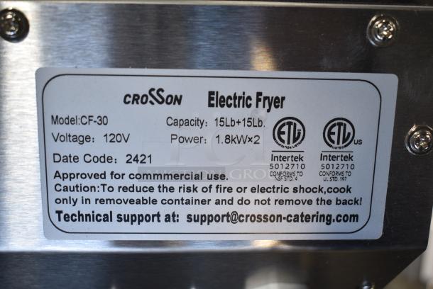 BRAND NEW SCRATCH AND DENT! 2024 Crosson CF-30 Stainless Steel Commercial Countertop Electric Powered 2 Bay Fryer w/ 2 Lids and 2 Metal Baskets. 120 Volts, 1 Phase. - Image 9 of 11
