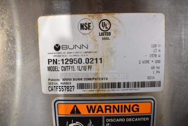 Bunn CWTF15 Stainless Steel Commercial Countertop 2 Burner Coffee Machine w/ Hot Water Dispenser. 120 Volts, 1 Phase. - Image 6 of 7