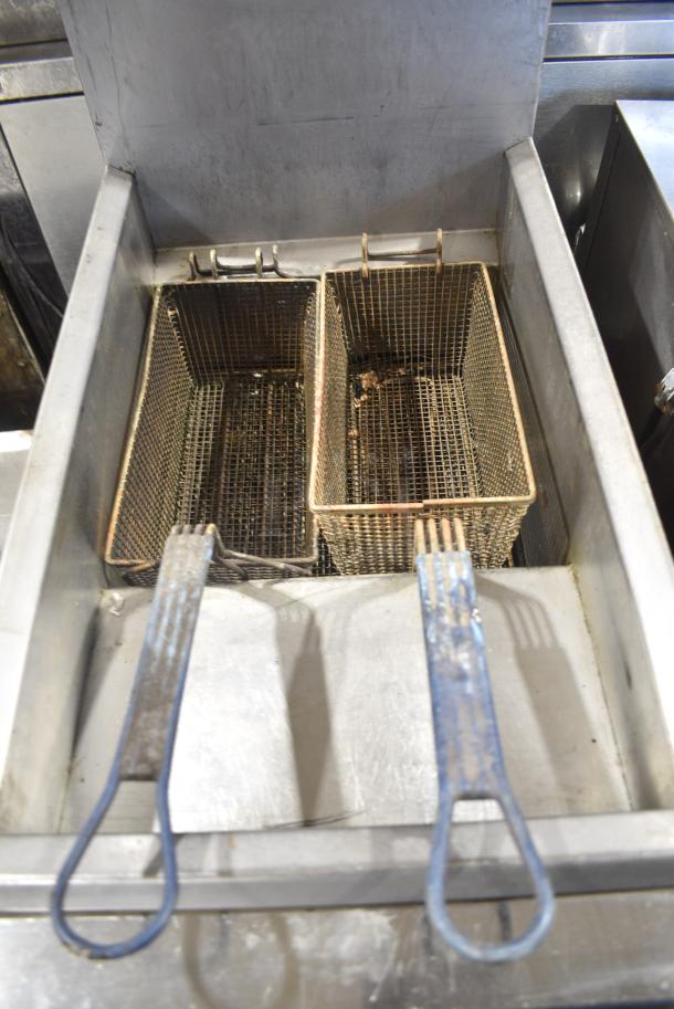 Pitco Frialator Stainless Steel Commercial Floor Style Natural Gas Powered Deep Fat Fryer w/ 2 Metal Fry Baskets on Commercial Casters. - Image 4 of 8