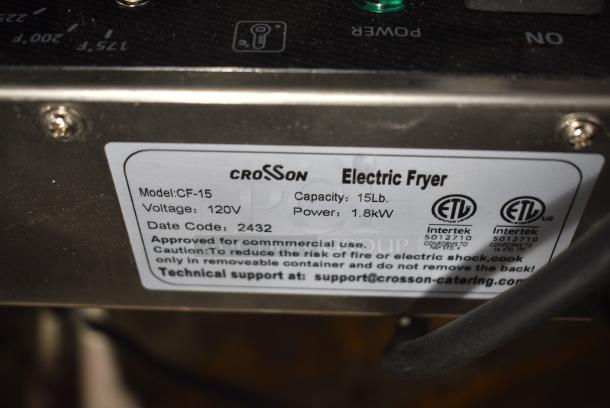 BRAND NEW SCRATCH AND DENT! 2024 Crosson CF-15 Stainless Steel Single Bay Electric Fryer w/ Lid. 120 Volts, 1 Phase. - Image 5 of 6