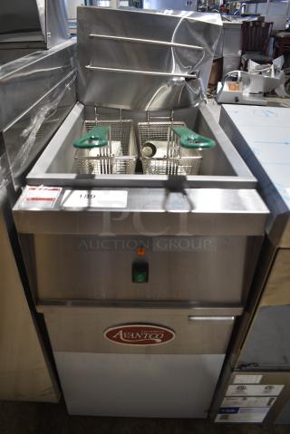 BRAND NEW SCRATCH AND DENT! 2024 Avantco 177EF40C Stainless Steel Commercial Floor Style Electric Powered Deep Fat Fryer w/ 2 Metal Fry Baskets. 208 Volts, 3 Phase.
