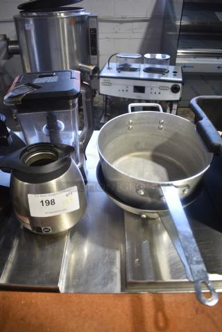 4 Items Including Sauce Pot, Skillet, Poly Blender Pitcher and Metal Coffee Pot. 4 Times Your Bid!