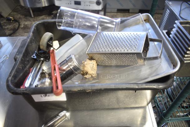 ALL ONE MONEY! Lot of Various Items Including Cheese Grater, Utensils, Metal Baking Pan in Black Poly Bus Bin - Image 1 of 5
