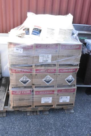 42 BRAND NEW! Boxes of Various Cleaner Including Betco 24474-00 All Temp Machine Detergent, Betco 28408-00 LSR Delimer, Betco All Temp Rinse Aid. 42 Times Your Bid!