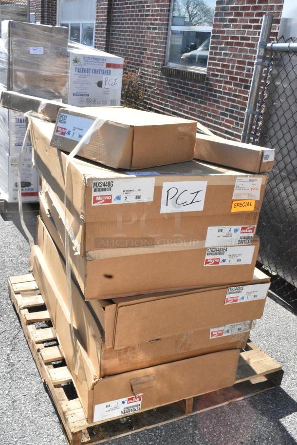 8 BRAND NEW SCRATCH AND DENT! Items Including Metro MX2448G MetroMax i Open Grid Shelf with Removable Mat 24" x 48", Metro XTR2448XEA Metromax iQ Drying Rack for Cutting Boards, Pans, and Trays 24" x 48" x 6", Metro XTR2448XE Metromax iQ Drying Rack for Cutting Boards, Pans, and Trays 24" x 48" x 6", Metro MX63UP MetroMax iQ Mobile Polymer Post, Metro 5PCBX 5" MetroMax iQ Polymer Swivel Stem Caster with Brake. 8 Times Your Bid! - Image 2 of 10