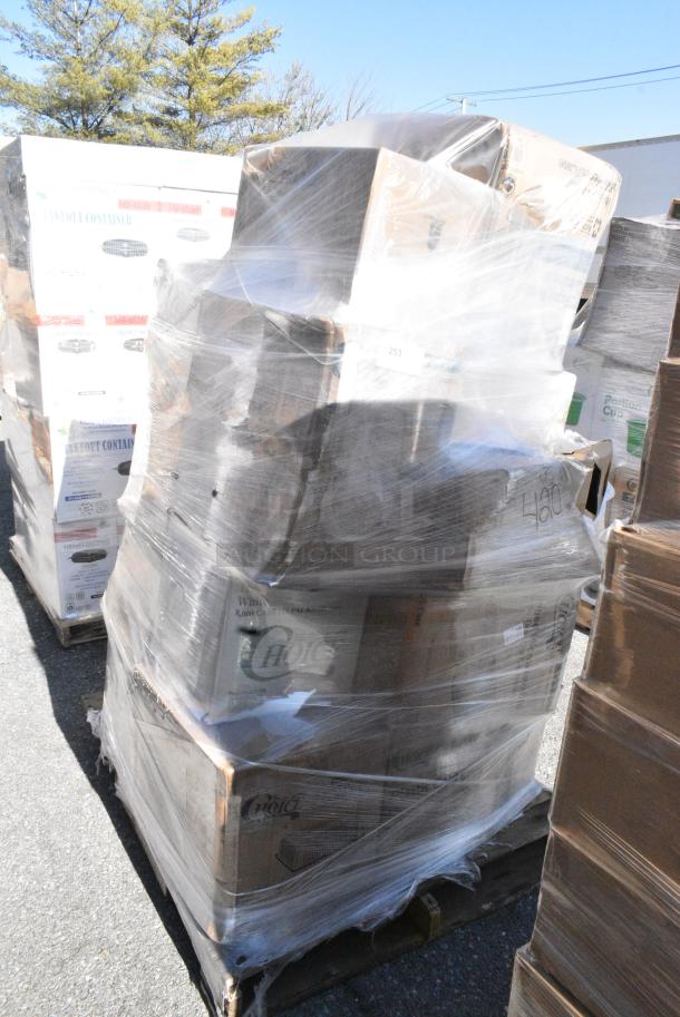 19 BRAND NEW SCRATCH AND DENT! Items Including 500TO993 Choice 9" x 9" x 3" Microwaveable 3-Compartment Black / Clear Plastic Hinged Container - 100/Case, 966TALLFLDB Choice White Tall-Fold 6" x 13" Dispenser Napkin - 8000/Case, 127RD8COMBO Choice 8 oz. Customizable Microwavable Clear Round Deli Container and Lid Combo Pack - 250/Case, 795PTOKFT2 Choice Kraft Microwavable Folded Paper #2 Take-Out Container 7 3/4" x 5 1/2" x 1 7/8" - 200/Cas. 19 Times Your Bid! - Image 1 of 9