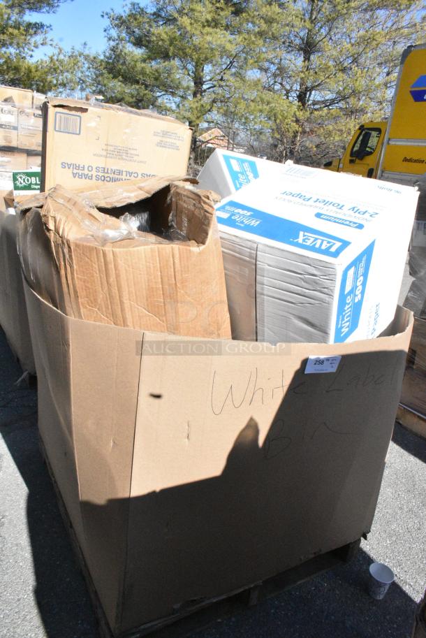 12 BRAND NEW SCRATCH AND DENT! Items Including 5002TP3X496P Lavex Premium 3 1/2" x 4 1/2" Individually Wrapped 2-Ply Standard 500 Sheet Toilet Paper Roll - 96/Case, Dart 20J16 20 oz. White Customizable Foam Cup - 500/Case, 795PTOKFT3 Choice Kraft Microwavable Folded Paper #3 Take-Out Container 7 3/4" x 5 1/2" x 2 1/2" - 200/Case. 12 Times Your Bid! - Image 1 of 12