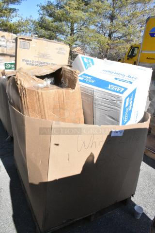 12 BRAND NEW SCRATCH AND DENT! Items Including 5002TP3X496P Lavex Premium 3 1/2" x 4 1/2" Individually Wrapped 2-Ply Standard 500 Sheet Toilet Paper Roll - 96/Case, Dart 20J16 20 oz. White Customizable Foam Cup - 500/Case, 795PTOKFT3 Choice Kraft Microwavable Folded Paper #3 Take-Out Container 7 3/4" x 5 1/2" x 2 1/2" - 200/Case. 12 Times Your Bid!