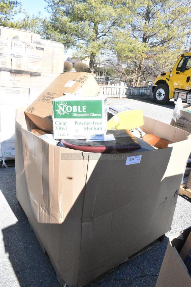 13 BRAND NEW SCRATCH AND DENT! Items Including 5002DNAP Choice White 2-Ply Dinner Napkin 17" x 15" - 3000/Case, 394365M Noble Products Powder-Free Disposable Clear Vinyl Gloves for Foodservice - Medium - 1000/Case, 966UPWIDEKFT OneUp by Choice Kraft 2-Ply Wide Interfold 6 1/2" x 8 1/2" Dispenser Napkin - 6000/Case, 485UJ7TN Choice 7 3/4" Jumbo Clear Unwrapped Straw. 13 Times Your Bid! - Image 1 of 12