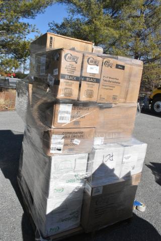 35 BRAND NEW SCRATCH AND DENT! Items Including 966UPWIDEKFT OneUp by Choice Kraft 2-Ply Wide Interfold 6 1/2" x 8 1/2" Dispenser Napkin - 6000/Case, 128HD16COMBO Choice Heavy Duty 16 oz. Microwavable Translucent Plastic Deli Container and Lid Combo Pack - 240/Case, 500TO883 Choice 8" x 8" x 3" Microwaveable 1-Compartment Black / Clear Plastic Hinged Container - 100/Case, 394365L Noble Products Powder-Free Disposable Clear Vinyl Gloves for Foodservice - Large - 1000/Case, 130TOSL5430 Choice 6 3/4" x 4 3/4" x 8 1/2" 3 Mil Clear Medium-Duty Polypropylene Soft Loop Handled Bag - 200/Case, 127RD32BULK Choice 32 oz. Customizable Microwavable Translucent Round Deli Container - 500/Case, 130LID12 Visions 12" Clear PET Plastic Round Catering Tray High Dome Lid - 25/Case, 500MF963B1C Visions 12" Clear PET Plastic Round Catering Tray High Dome Lid - 25/Case, Corrugated 8" Circles, 127P325C Choice 3.25 oz. Clear Plastic Souffle Cup / Portion Cup - 2500/Case. 35 Times Your Bid!