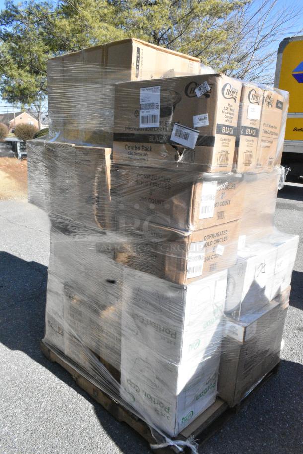 35 BRAND NEW SCRATCH AND DENT! Items Including 966UPWIDEKFT OneUp by Choice Kraft 2-Ply Wide Interfold 6 1/2" x 8 1/2" Dispenser Napkin - 6000/Case, 128HD16COMBO Choice Heavy Duty 16 oz. Microwavable Translucent Plastic Deli Container and Lid Combo Pack - 240/Case, 500TO883 Choice 8" x 8" x 3" Microwaveable 1-Compartment Black / Clear Plastic Hinged Container - 100/Case, 394365L Noble Products Powder-Free Disposable Clear Vinyl Gloves for Foodservice - Large - 1000/Case, 130TOSL5430 Choice 6 3/4" x 4 3/4" x 8 1/2" 3 Mil Clear Medium-Duty Polypropylene Soft Loop Handled Bag - 200/Case, 127RD32BULK Choice 32 oz. Customizable Microwavable Translucent Round Deli Container - 500/Case, 130LID12 Visions 12" Clear PET Plastic Round Catering Tray High Dome Lid - 25/Case, 500MF963B1C Visions 12" Clear PET Plastic Round Catering Tray High Dome Lid - 25/Case, Corrugated 8" Circles, 127P325C Choice 3.25 oz. Clear Plastic Souffle Cup / Portion Cup - 2500/Case. 35 Times Your Bid! - Image 2 of 17