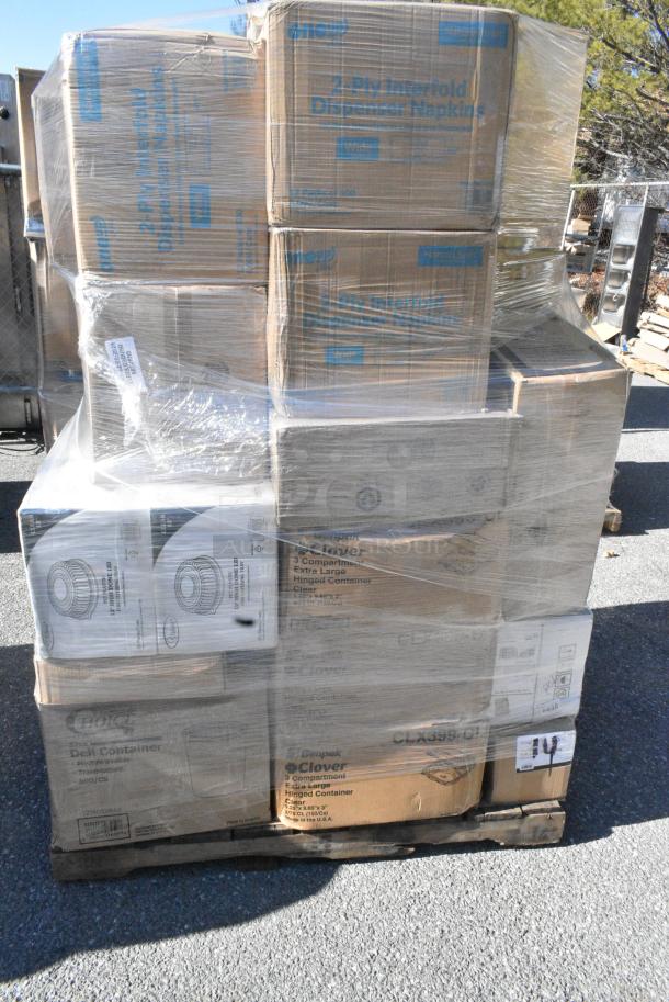 35 BRAND NEW SCRATCH AND DENT! Items Including 966UPWIDEKFT OneUp by Choice Kraft 2-Ply Wide Interfold 6 1/2" x 8 1/2" Dispenser Napkin - 6000/Case, 128HD16COMBO Choice Heavy Duty 16 oz. Microwavable Translucent Plastic Deli Container and Lid Combo Pack - 240/Case, 500TO883 Choice 8" x 8" x 3" Microwaveable 1-Compartment Black / Clear Plastic Hinged Container - 100/Case, 394365L Noble Products Powder-Free Disposable Clear Vinyl Gloves for Foodservice - Large - 1000/Case, 130TOSL5430 Choice 6 3/4" x 4 3/4" x 8 1/2" 3 Mil Clear Medium-Duty Polypropylene Soft Loop Handled Bag - 200/Case, 127RD32BULK Choice 32 oz. Customizable Microwavable Translucent Round Deli Container - 500/Case, 130LID12 Visions 12" Clear PET Plastic Round Catering Tray High Dome Lid - 25/Case, 500MF963B1C Visions 12" Clear PET Plastic Round Catering Tray High Dome Lid - 25/Case, Corrugated 8" Circles, 127P325C Choice 3.25 oz. Clear Plastic Souffle Cup / Portion Cup - 2500/Case. 35 Times Your Bid! - Image 3 of 17