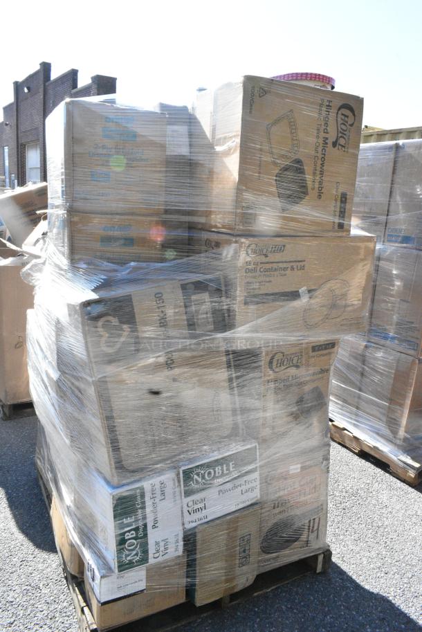 35 BRAND NEW SCRATCH AND DENT! Items Including 966UPWIDEKFT OneUp by Choice Kraft 2-Ply Wide Interfold 6 1/2" x 8 1/2" Dispenser Napkin - 6000/Case, 128HD16COMBO Choice Heavy Duty 16 oz. Microwavable Translucent Plastic Deli Container and Lid Combo Pack - 240/Case, 500TO883 Choice 8" x 8" x 3" Microwaveable 1-Compartment Black / Clear Plastic Hinged Container - 100/Case, 394365L Noble Products Powder-Free Disposable Clear Vinyl Gloves for Foodservice - Large - 1000/Case, 130TOSL5430 Choice 6 3/4" x 4 3/4" x 8 1/2" 3 Mil Clear Medium-Duty Polypropylene Soft Loop Handled Bag - 200/Case, 127RD32BULK Choice 32 oz. Customizable Microwavable Translucent Round Deli Container - 500/Case, 130LID12 Visions 12" Clear PET Plastic Round Catering Tray High Dome Lid - 25/Case, 500MF963B1C Visions 12" Clear PET Plastic Round Catering Tray High Dome Lid - 25/Case, Corrugated 8" Circles, 127P325C Choice 3.25 oz. Clear Plastic Souffle Cup / Portion Cup - 2500/Case. 35 Times Your Bid! - Image 4 of 17