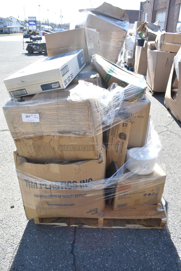 16 BRAND NEW SCRATCH AND DENT! Items Including 395RP09 EcoChoice No PFAS Added Bamboo / Bagasse Blend 9" Plate - 500/Case, Solo Ultra Clear&#8482; TD24 24 oz. Customizable Clear PET Plastic Cold Cup - 600/Case 760TD24, 164INDNATRST Wood Backrest Antique Natural for Barchair. 16 Times Your Bid! - Image 1 of 12