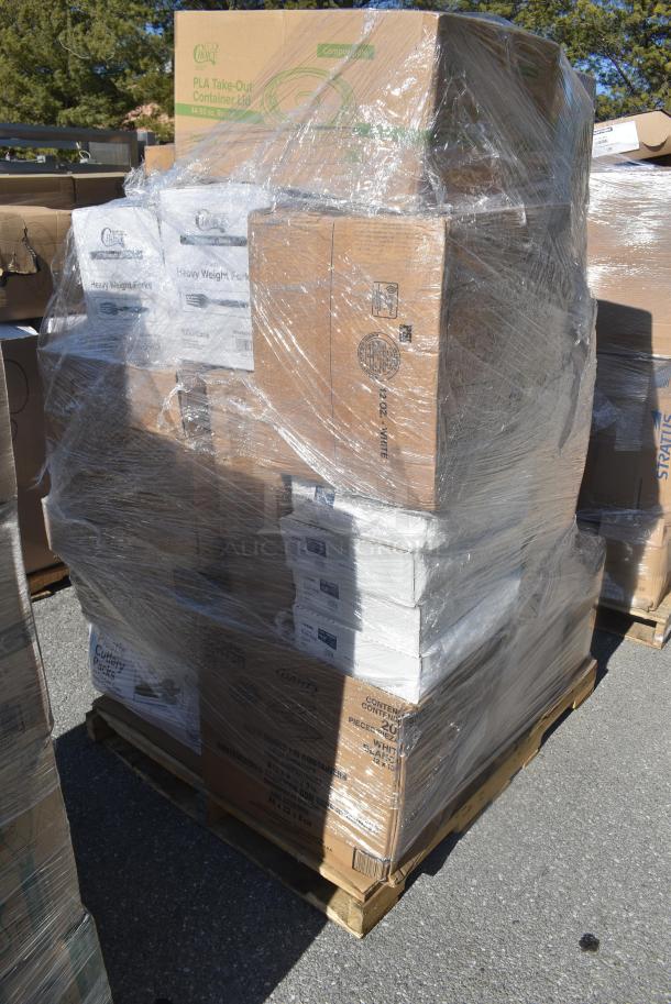 28 BRAND NEW SCRATCH AND DENT! Items Including 130WBKFORKH Choice Black Heavy Weight Wrapped Polystyrene Plastic Fork - 1000/Case, 500LFLAT Choice Clear Flat Lid with Straw Slot - 9, 12, 16, 20, and 24 oz. - 1000/Case, 130BKFKSNSPX500 Choice Black Extra Heavy Weight Wrapped Polystyrene Plastic Cutlery Pack with Napkin and Salt and Pepper Packets - 500/Case, 795KFTL50PLA EcoChoice 44-50 oz. Round Compostable PLA Take-Out Lid - 300/Case, Herc Trash Bag. 28 Times Your Bid! - Image 2 of 12