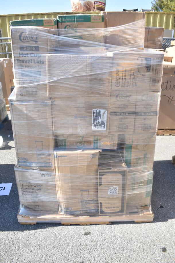 35 BRAND NEW SCRATCH AND DENT! Items Including 500CC24 Choice Clear PET Customizable Plastic Cold Cup - 24 oz. - 600/Case, 500L1020BHT Choice Black Hot Paper Cup Travel Lid with Hinged Tab for 10-24 oz. Standard Cups and 8 oz. Squat Cups - 1000/Case, 129MCR16B Choice 16 oz. Black 6 1/4" Round Microwavable Heavy Weight Container with Lid - 150/Case, 395TO991 EcoChoice 9" x 9" x 3" Compostable No PFAS Added Bamboo / Bagasse 1 Compartment Take-Out Box - 200/Case, 500L1020BHT Choice Black Hot Paper Cup Travel Lid with Hinged Tab for 10-24 oz. Standard Cups and 8 oz. Squat Cups - 1000/Case, 128HD12COMBO Choice Heavy Duty 12 oz. Microwavable Translucent Plastic Deli Container and Lid Combo Pack - 240/Case. 35 Times Your Bid! - Image 1 of 16