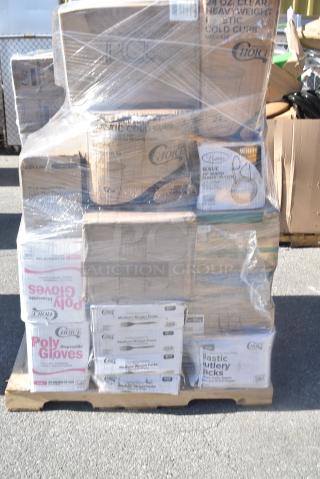 30 BRAND NEW SCRATCH AND DENT! Items Including 347RP10WHSS Visions Wave 10" White Plastic Plate - 144/Case, 130BFORKWP Choice Individually Wrapped Medium Weight Black Polypropylene Plastic Fork - 1000/Case, 500CC24HD 24 oz. Plastic Cold Cup - Designed for Use Without Lids - 600/Case, 3 130BFORK Choice Individually Wrapped Medium Weight Black Polypropylene Plastic Fork - 1000/Case, Choice Poly Gloves, 129MCR16B Choice 16 oz. Black 6 1/4" Round Microwavable Heavy Weight Container with Lid - 150/Case, Choice Deli Sheet. 30 Times Your Bid!