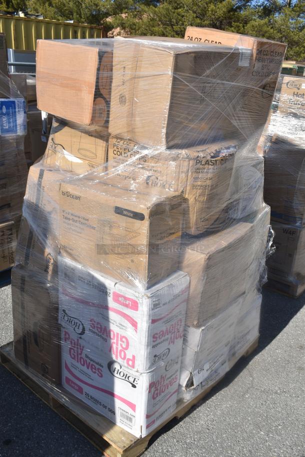 30 BRAND NEW SCRATCH AND DENT! Items Including 347RP10WHSS Visions Wave 10" White Plastic Plate - 144/Case, 130BFORKWP Choice Individually Wrapped Medium Weight Black Polypropylene Plastic Fork - 1000/Case, 500CC24HD 24 oz. Plastic Cold Cup - Designed for Use Without Lids - 600/Case, 3 130BFORK Choice Individually Wrapped Medium Weight Black Polypropylene Plastic Fork - 1000/Case, Choice Poly Gloves, 129MCR16B Choice 16 oz. Black 6 1/4" Round Microwavable Heavy Weight Container with Lid - 150/Case, Choice Deli Sheet. 30 Times Your Bid! - Image 2 of 19