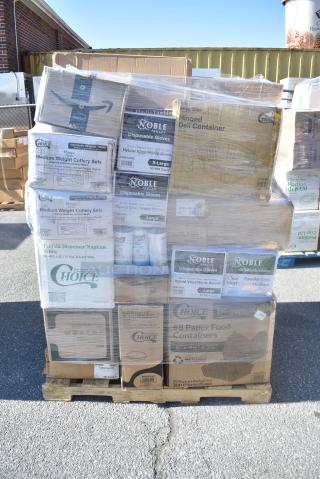 33 BRAND NEW SCRATCH AND DENT! Items Including 612558HD Choice 8" Round Heavy Weight Foil Take-Out Pan - 500/Case, 2 612FFL1230 Choice Foil Steam Table Pan Lid - Full Size - 50/Case, 128HDLDBULK Choice Heavy Duty Microwavable Translucent Plastic Deli Container Lid - 480/Case, 395TO991 Choice Heavy Duty Microwavable Translucent Plastic Deli Container Lid - 480/Case, 966TALLFLDB Choice White Tall-Fold 6" x 13" Dispenser Napkin - 8000/Case, 500LFLAT Choice Clear Flat Lid with Straw Slot - 9, 12, 16, 20, and 24 oz. - 1000/Case, 795PTOKFT8 Choice Kraft Microwavable Folded Paper #8 Take-Out Container 6" x 4 3/4" x 2 1/2" - 300/Cas. 33 Times Your Bid!