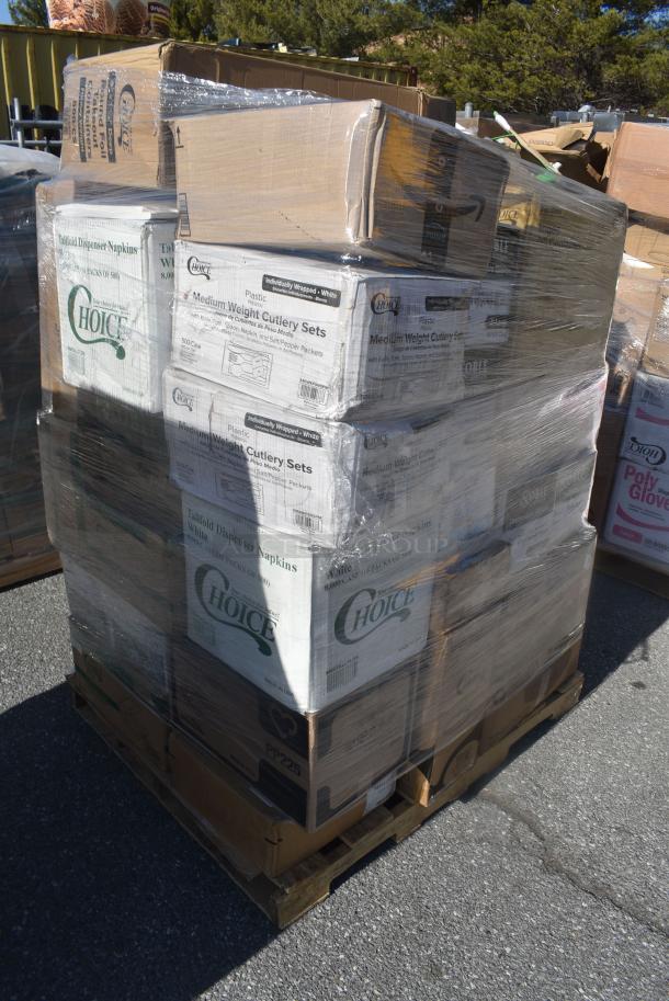 33 BRAND NEW SCRATCH AND DENT! Items Including 612558HD Choice 8" Round Heavy Weight Foil Take-Out Pan - 500/Case, 2 612FFL1230 Choice Foil Steam Table Pan Lid - Full Size - 50/Case, 128HDLDBULK Choice Heavy Duty Microwavable Translucent Plastic Deli Container Lid - 480/Case, 395TO991 Choice Heavy Duty Microwavable Translucent Plastic Deli Container Lid - 480/Case, 966TALLFLDB Choice White Tall-Fold 6" x 13" Dispenser Napkin - 8000/Case, 500LFLAT Choice Clear Flat Lid with Straw Slot - 9, 12, 16, 20, and 24 oz. - 1000/Case, 795PTOKFT8 Choice Kraft Microwavable Folded Paper #8 Take-Out Container 6" x 4 3/4" x 2 1/2" - 300/Cas. 33 Times Your Bid! - Image 2 of 15