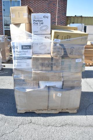 29 BRAND NEW SCRATCH AND DENT! Items Including 3 500L8B Choice 8 oz. Tall Black Hot Paper Cup Travel Lid - 1000/Case, 127SB24COMBO Choice 24 oz. Clear Plastic Salad Bowl with Lid - 150/Case, 3 394365M Noble Products Powder-Free Disposable Clear Vinyl Gloves for Foodservice - Medium - 1000/Case, 500LSTRWLW Choice 9, 12, 16, 20, and 24 oz. Clear Sip-Through Lid with Extra-Wide Opening - 1000/Case, 612FS1116 Choice Full Size Foil Steam Table Pan Shallow 1 11/16" Depth - 50/Case, 5008W Choice 8 oz. Tall White Poly Paper Hot Cup - 1000/Case, 395TO881 EcoChoice 8" x 8" x 3" Compostable No PFAS Added Bamboo / Bagasse 1 Compartment Take-Out Box - 200/Case, 795PTOBK3 EcoChoice 8" x 8" x 3" Compostable No PFAS Added Bamboo / Bagasse 1 Compartment Take-Out Box - 200/Case, 127PL2 Choice PET Plastic Lid for 1.5 to 2.5 oz. Souffle Cup / Portion Cup - 2500/Case. 29 Times Your Bid!