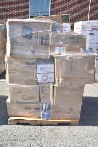 38 BRAND NEW SCRATCH AND DENT! Items Including 4 612LOB225LBC Choice 2.25 lb. Oblong Foil Take-Out Container with Board Lid - 250/Case, 347RP10BKSS Visions Wave 10" Black Plastic Plate - 144/Case, 50012CAFE Choice 12 oz. Café Print Poly Paper Hot Cup - 1000/Case, Dinnerware Set, 50012W CUP 12oz PAP HOT WHITE 1M LID 500L1020B/W, 612FS7800 Choice Full Size Foil Steam Table Pan Medium 2 3/16" Depth - 50/Case, 129MCR32B Choice 32 oz. Black Round Microwavable Heavy Weight Container with Lid 7 1/4" - 150/Case, 128HD8COMBO Choice Heavy Duty 8 oz. Microwavable Translucent Plastic Deli Container and Lid Combo Pack - 240/Case, 500MF883W3C Choice 8" x 8" 3-Compartment Microwaveable White Mineral-Filled Plastic Hinged Take-Out Container - 150/Case, 347RP10WHSLV Visions 10" White Plastic Plate with Silver Lattice Design - 120/Case. 38 Times Your Bid!
